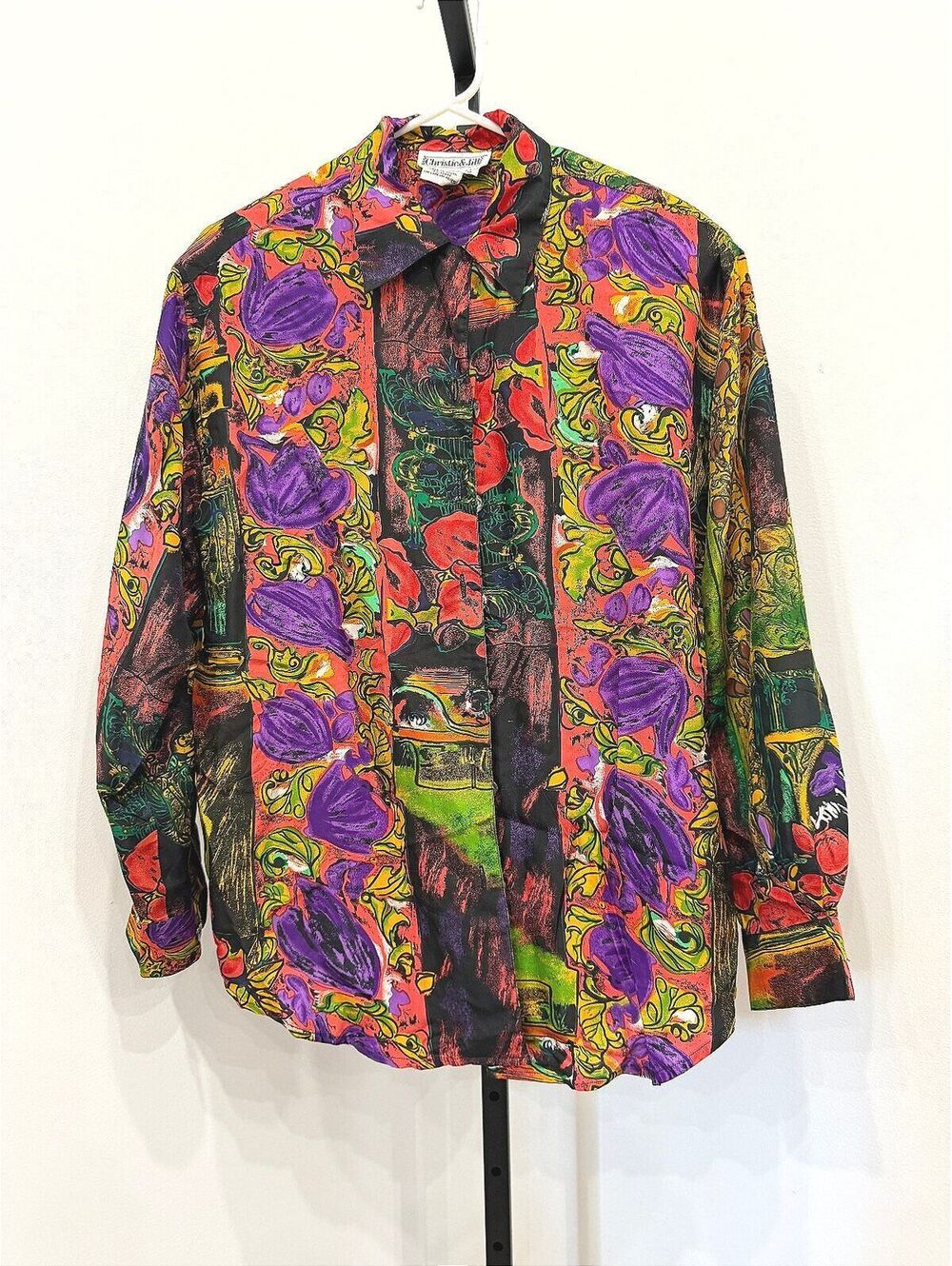 Vintage Christie & Jill 100% Silk Multicolor Floral Button-Up Shirt Medium